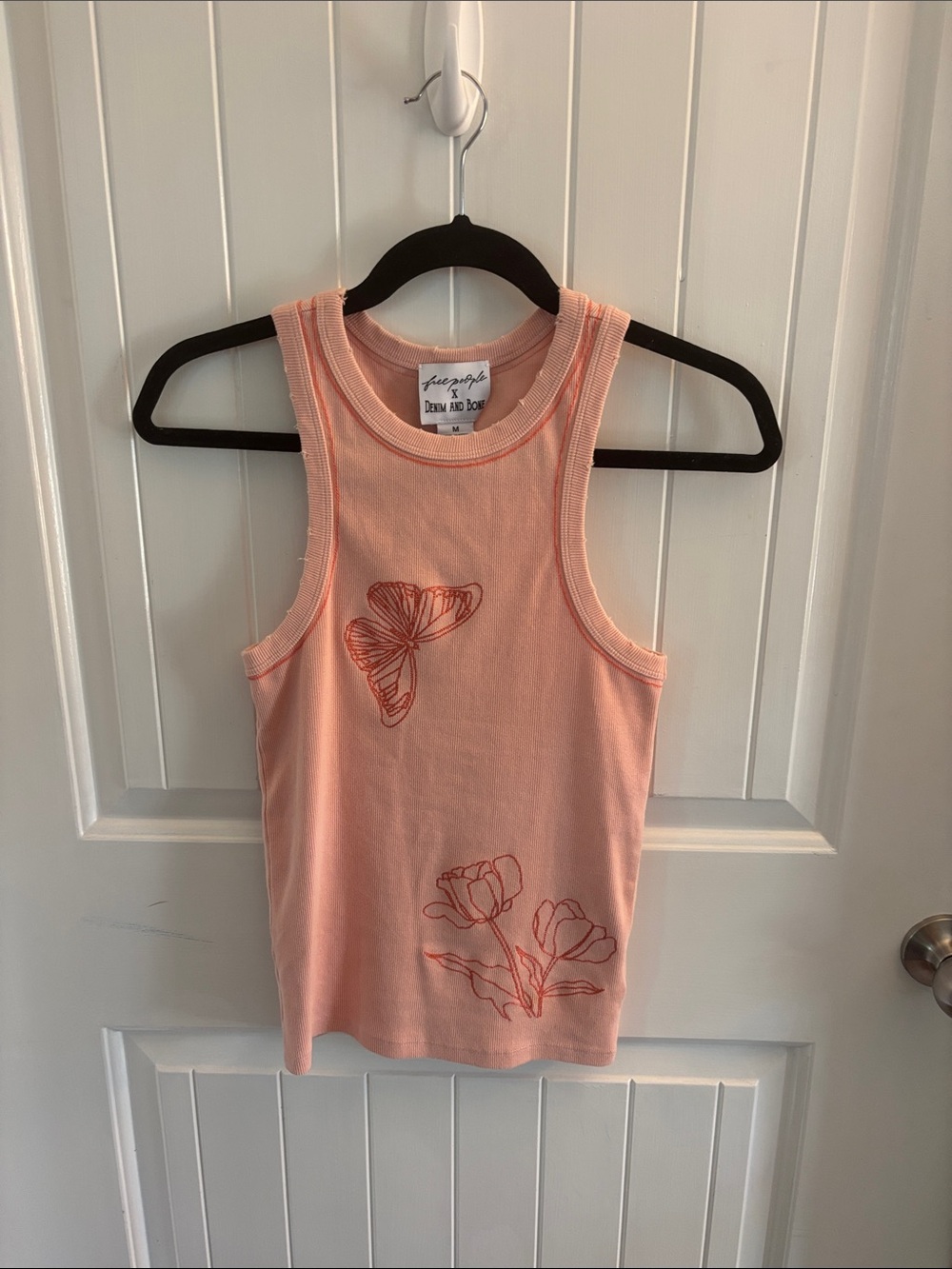 Free People Peach Floral & Butterfly Ribbed Tank